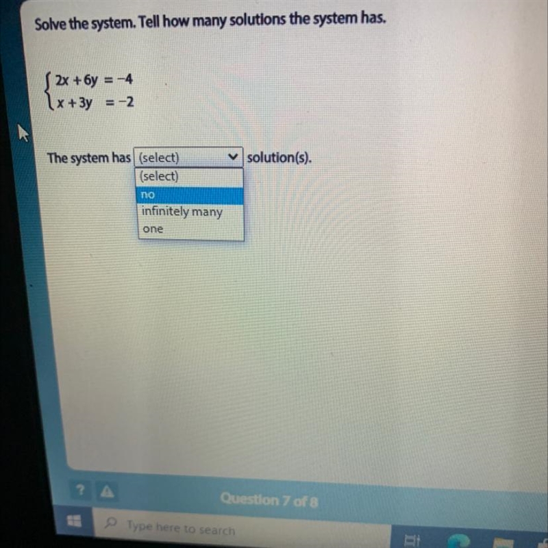 Solve the system. Tell how many solutions the system has.2x + 6y = -4(x+3y= -2solution-example-1