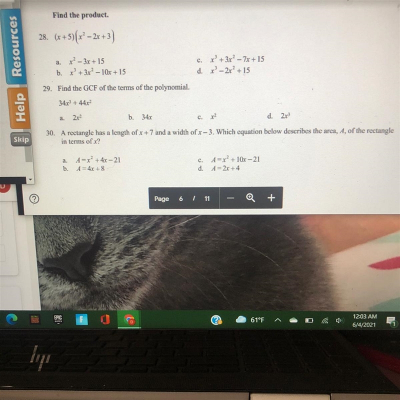 a rectangle has a length of x+7 and a width of x-3. Which equation below describes-example-1