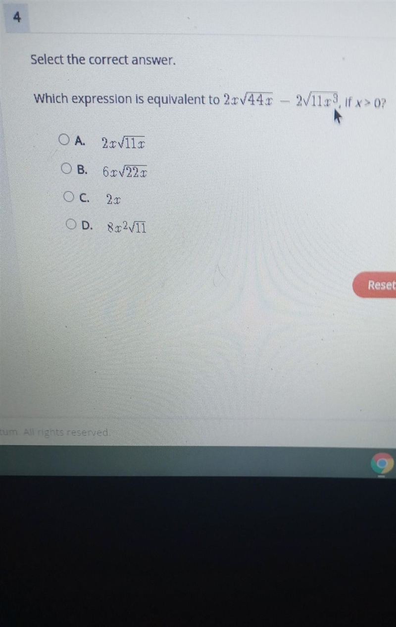 Which expression is equivalent to 2x√44x-2√11x^3 if x>0? 0a. 2x√11x 0b.6x√22x 0c-example-1