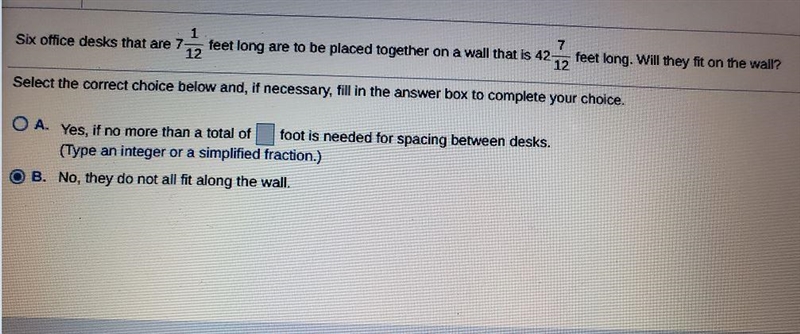 Six office desks that are 7 1/12 feet long are to be placed together on a wall that-example-1