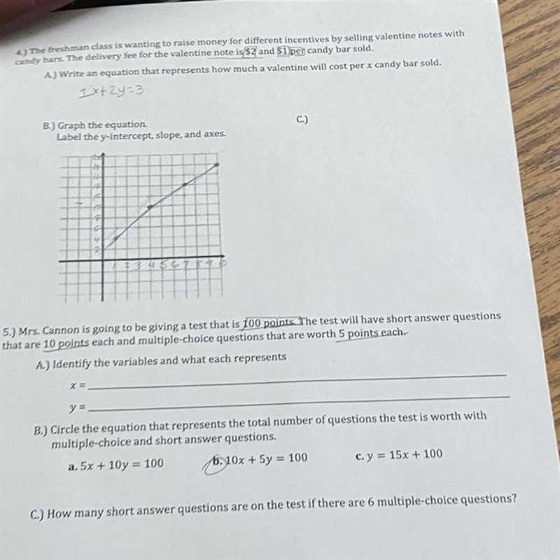 5.) Mrs. Cannon is going to be giving a test that is 100 points. The test will have-example-1