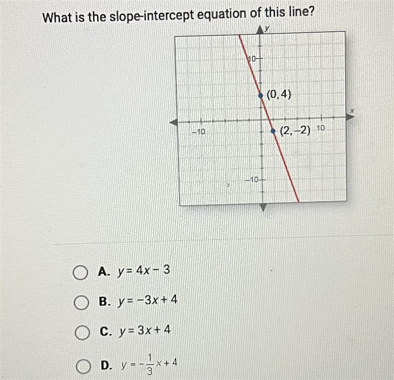 What is the slope intercept equation of this line?101(0.4)-10(2-2) 16-10A. y = 4x-example-1