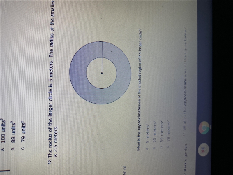 The radius of the larger circle is 5m. The radius of the smaller circle is 2.5m. What-example-1