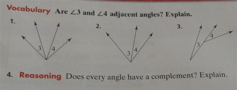 Inderstanding ocabulary Are 23 and 24 adjacent angles? Explain. 1. 2. 3. 4 3 4 3 4 3 . Reasoning-example-1