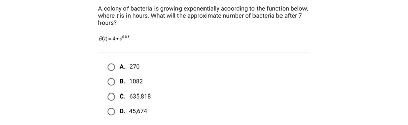 A colony of bacteria is growing exponentially according to the function below, where-example-1