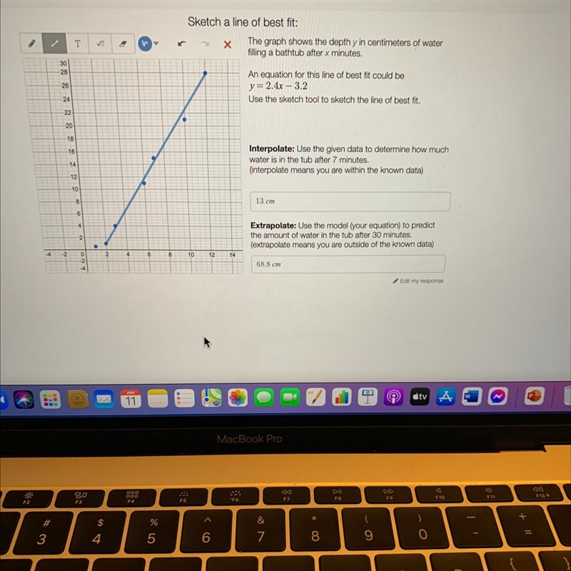 Sketch a line of best fit: The graph shows the depth y in centimeters of water filling-example-1