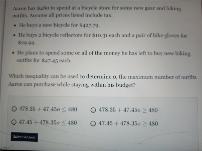 which inequality can be used to determine all, the maximum number of outfits Aaron-example-1