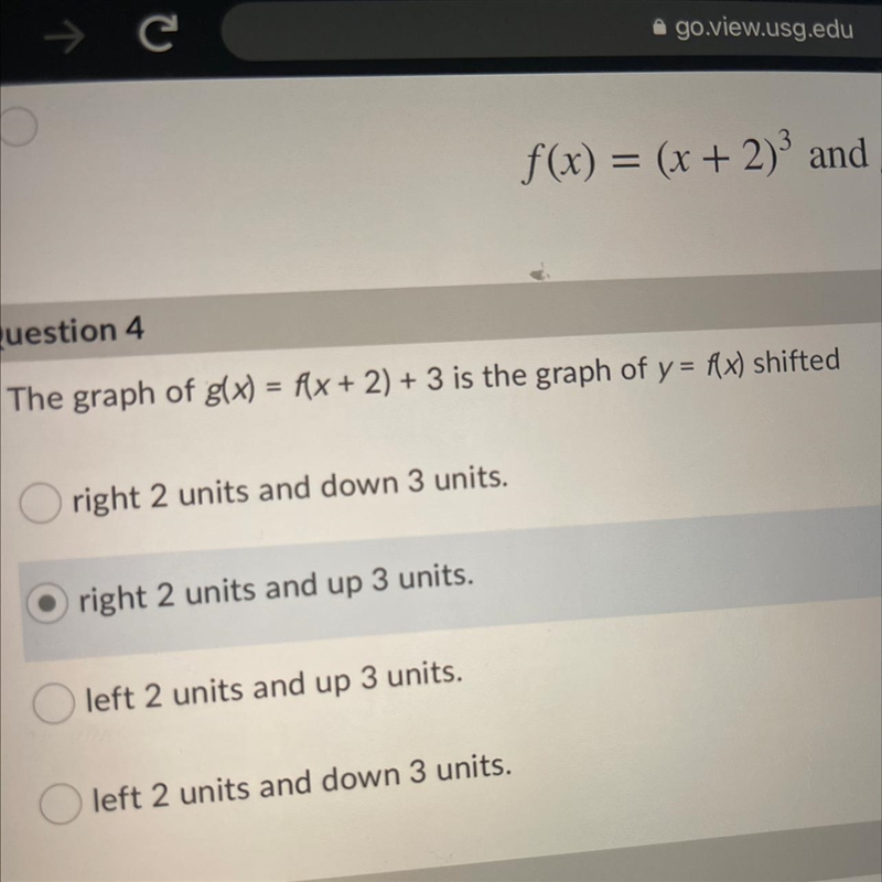 The graph of g(x) = f(x + 2) + 3 is the graph of y = f(x) shifted-example-1