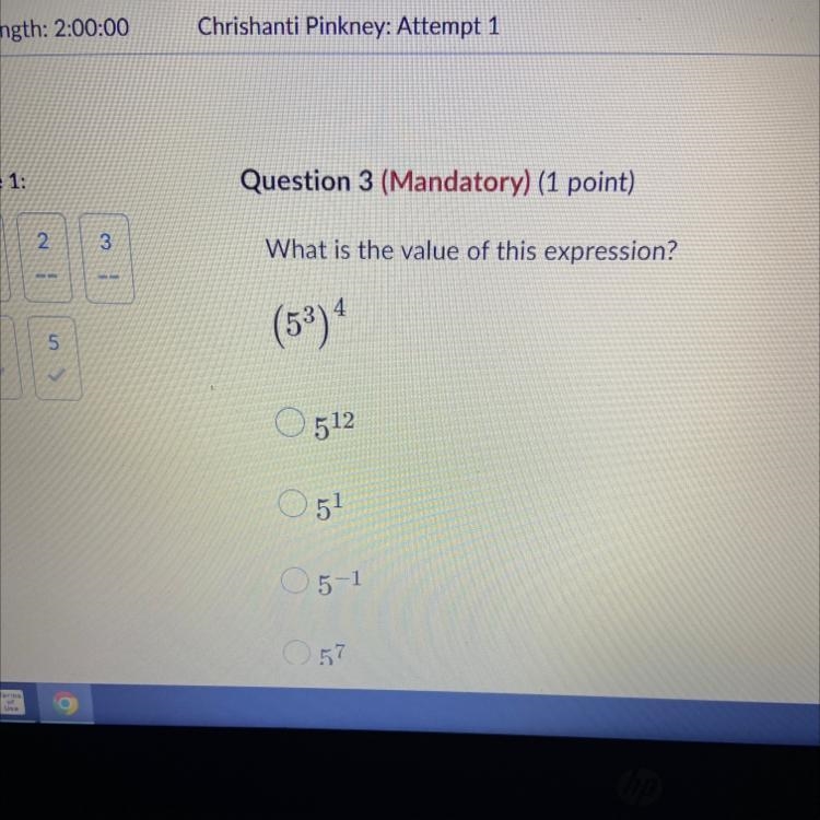 What is the value of this expression? (5 3) 0512 0 5¹ 05-¹ 057-example-1