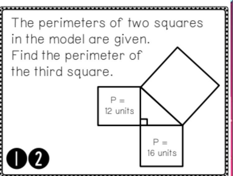 The perimeters of two squaresin the model are given.Find the perimeter ofthe third-example-1