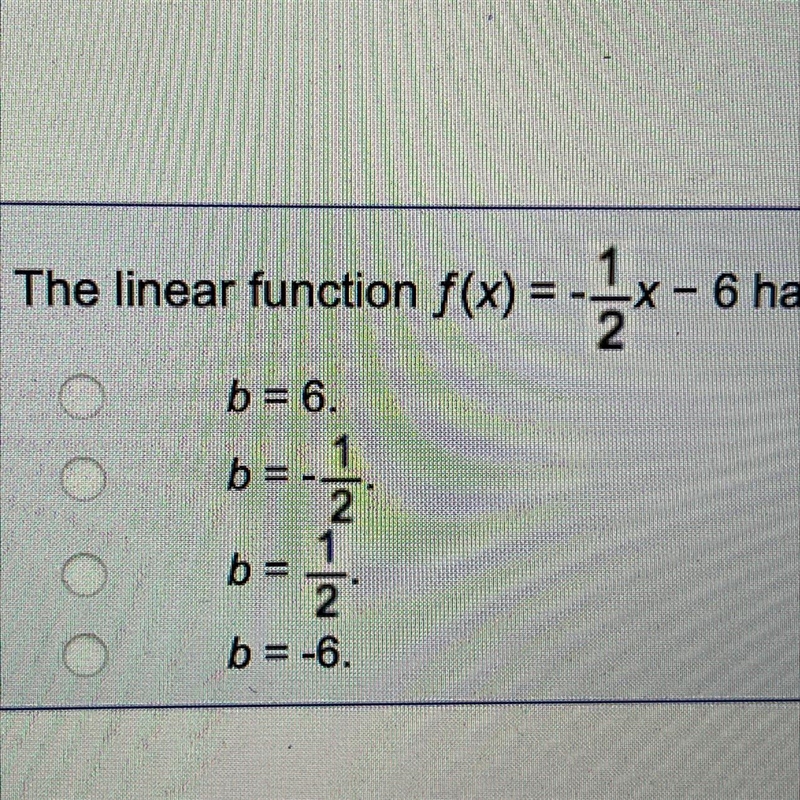 The linear function f(x)=-1/2x-6 has a y-intercept of:-example-1