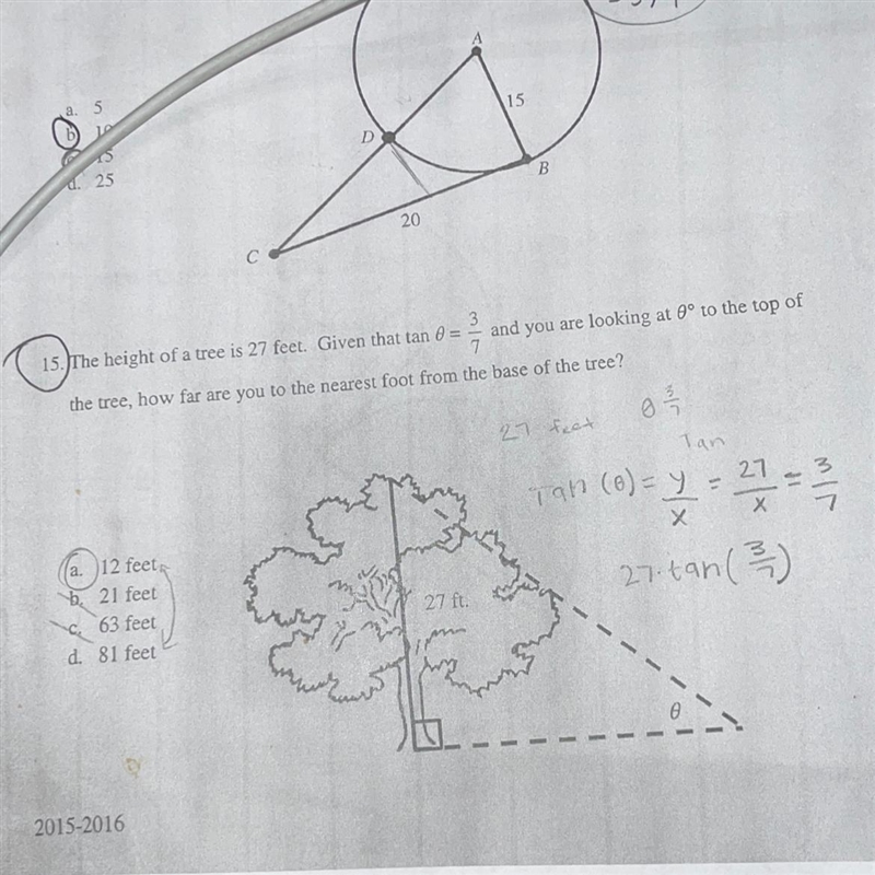 How far are you to the nearest foot from the base of the tree.Question 15-example-1