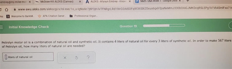 4 liters of natural oil for every 3 liters of synthetic oil. in order to make 567 liters-example-1