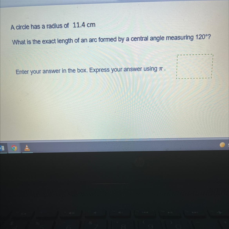 A circle has a radius of 11.4 cm What is the exact length of an arc formed by a central-example-1