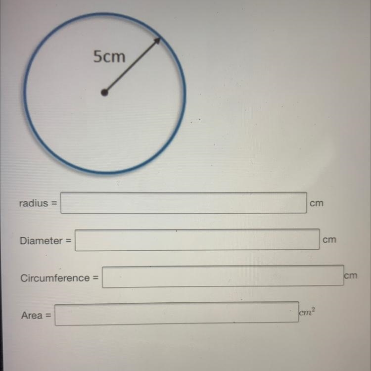 Find the circumference and area of the circle identify the radius diameter of the-example-1