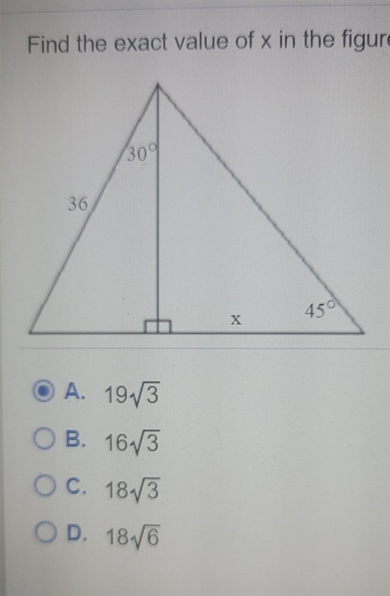 Find the exact value of x in the figure. 30° 36 450-example-1