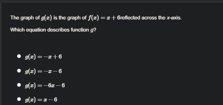 The graph of g(x) is the graph of f(x)=x+6reflected across the x-axis.Which equation-example-1