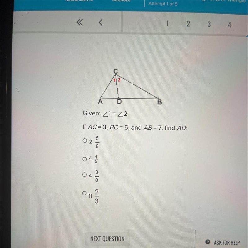 B Given: ∠1=∠2 If AC3, BC = 5, and AB=7, find AD. 020 04 040 2/3-example-1