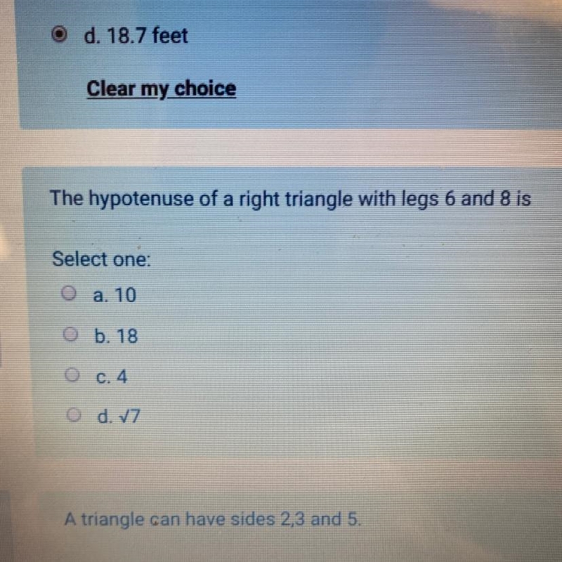 The hypotenuse of a right triangle with legs 6 and 8 is-example-1