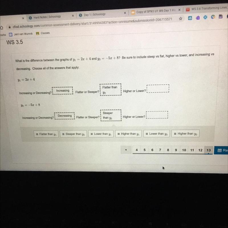 What is the difference between graphs y1 =2x+4 and y2=-5X+8-example-1