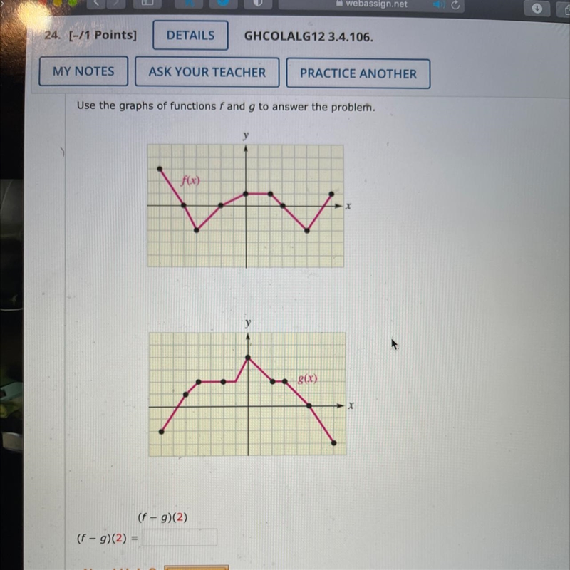 Use the graphs of functions f and g to answer the problem. (f-g)(2)-example-1