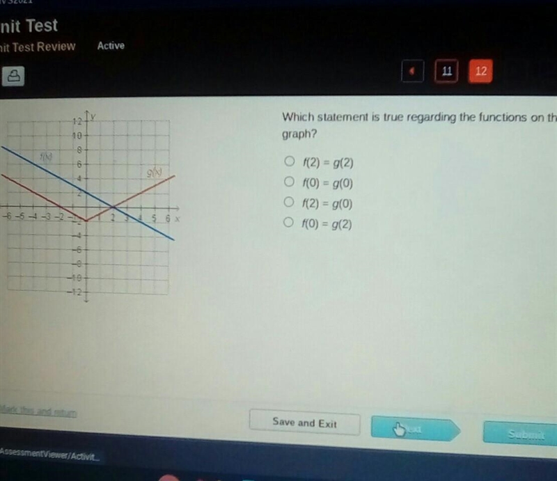 Which statement is true regarding the functions on the graph? 6 9) O f2) = g(2) O-example-1