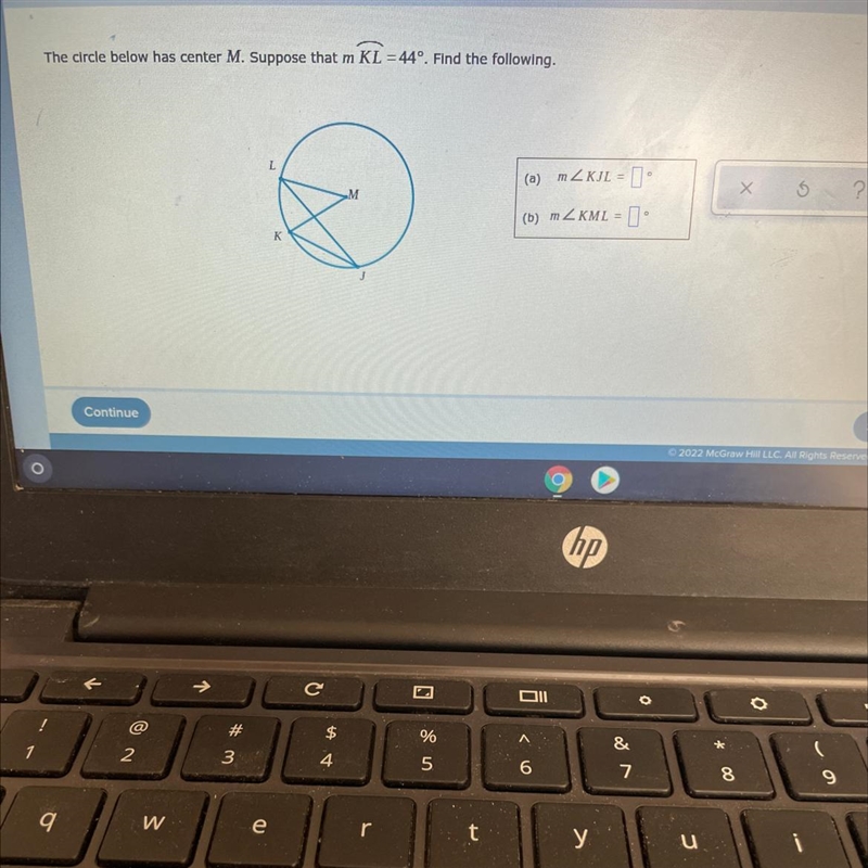 Circle below has center M. Suppose that m KL = 44°. Find the following.-example-1