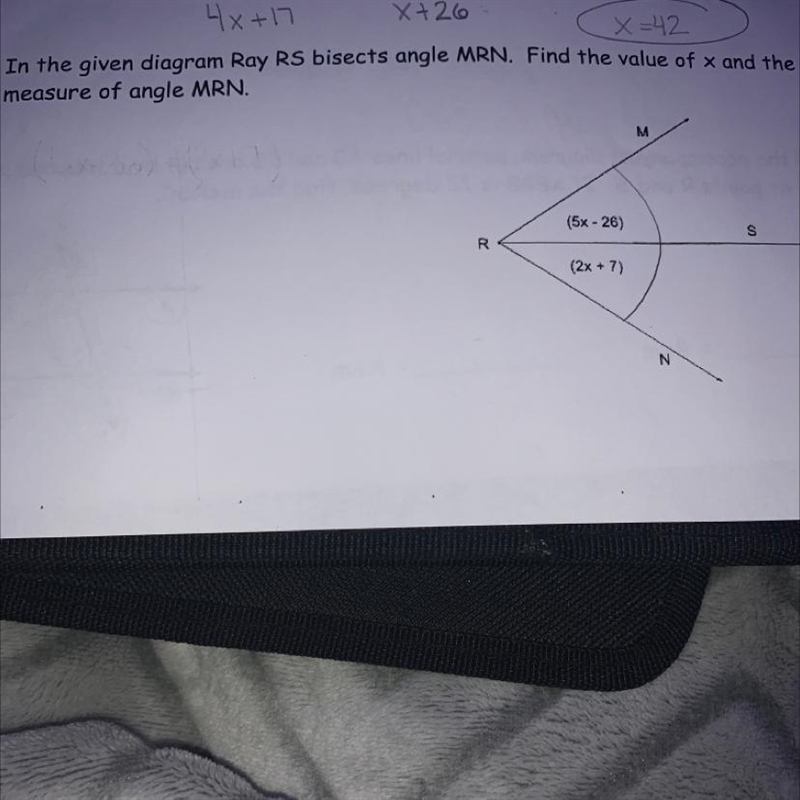 Ray RS bisects angle MRN. find the value of x and the measure of angle MRN.PLEASE-example-1