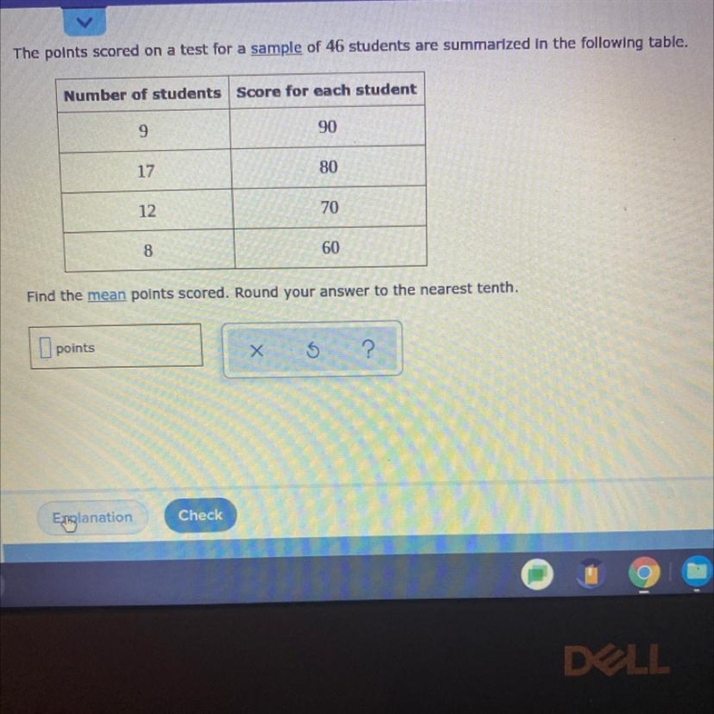 The points scored on a test for a sample of 46 students are summarized in the following-example-1