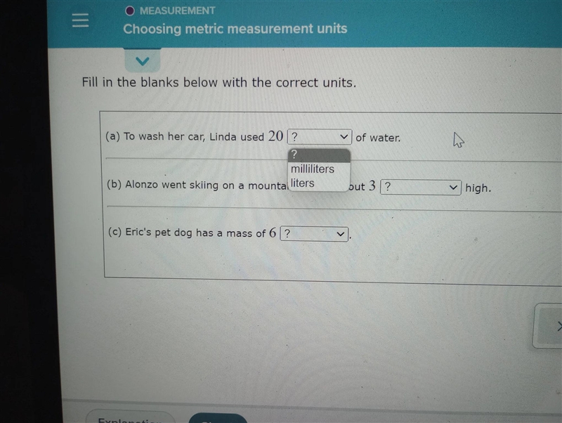 O MEASUREMENT Choosing metric measurement units Fill in the blanks below with the-example-1