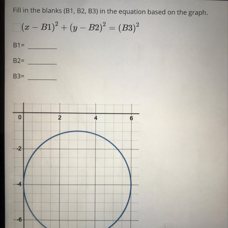 Fill in the blanks (B1, B2, B3) in the equation based on the graph.(a-B1)2 + (y-B-example-1