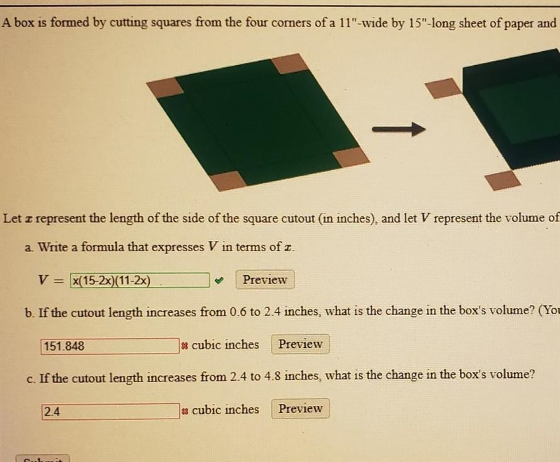 If the cutout length increases from 0.6 to 2.4 in what is the change in the box's-example-1