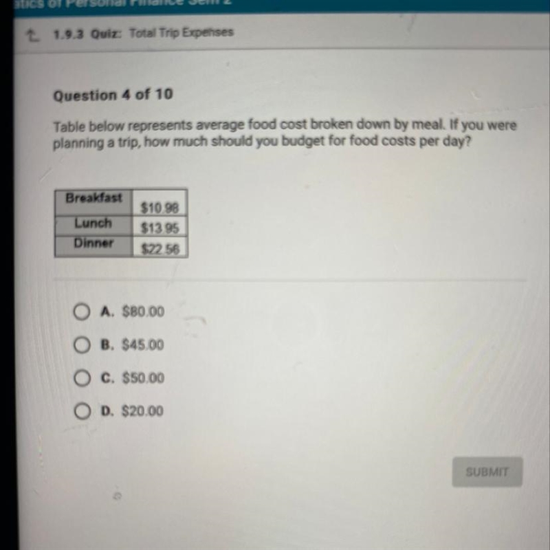 Question 4 of 10 Table below represents average food cost broken down by meal. If-example-1