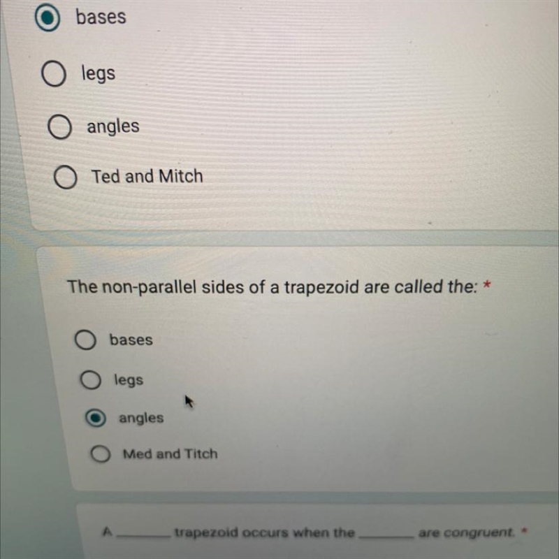 The non-parallel sides of a trapezoid are called the-example-1