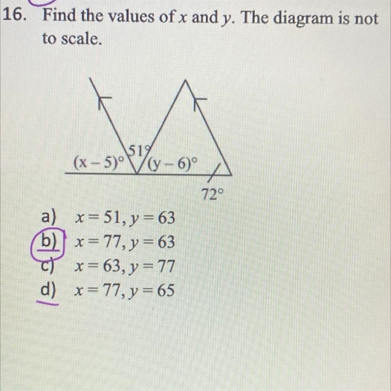 Why is y = 63?? Isn’t (x-5)+51+(y-6)=180??-example-1