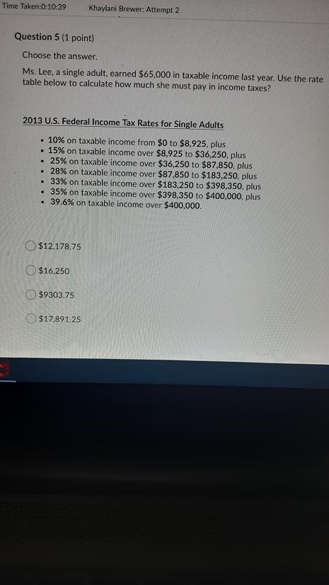 Ms.lee a single adult earned $65,000 in taxable income last year. use the rate table-example-1