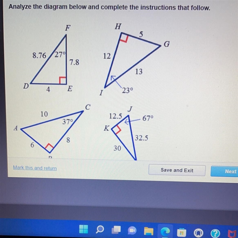 Geometry B Determine which 2 triangles are similar to each other. The images are not-example-1