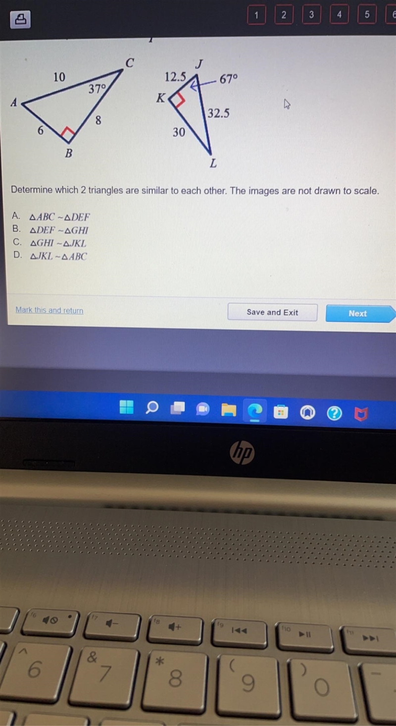 Geometry B Determine which 2 triangles are similar to each other. The images are not-example-2