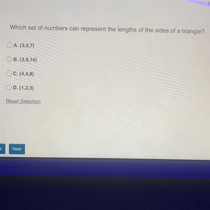 Which set of numbers can represent the lengths of the sides of a triangle ?-example-1