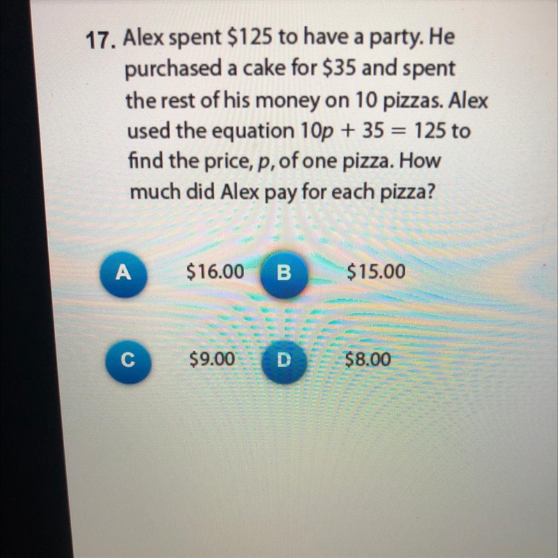 17. Alex spent $125 to have a party. He purchased a cake for $35 and spent the rest-example-1