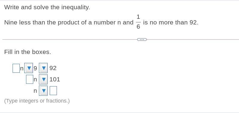 Nine less than the product of a number n and 1/6 is no more than 92-example-1