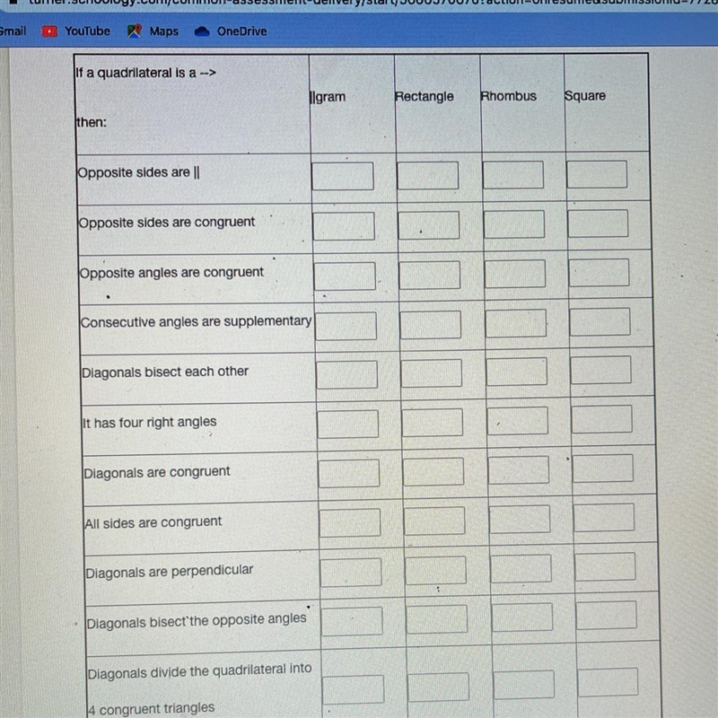 For each property, indicate “yes” or “no” if the property applies to each quadrilateral-example-1