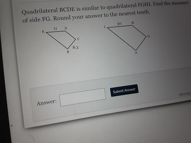 Quadrilateral BCDE is similar to quadrilateral FGHI. Find the measure of side FG. Round-example-1