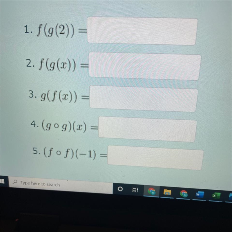 Find the indicated function given f(x)=3x^2-1 and g(x)=2x+4.Simplified answers in-example-1