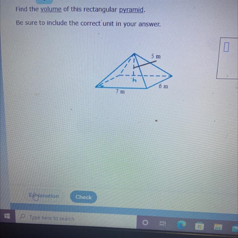 Find the volume of this rectangular pyramid Be sure to include the correct unit in-example-1