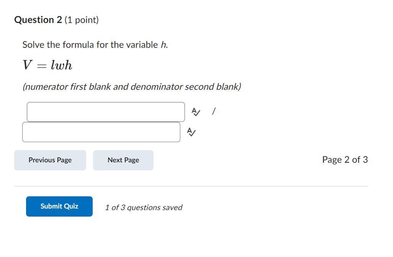 Solve the formula for the variable h v=lwh-example-1