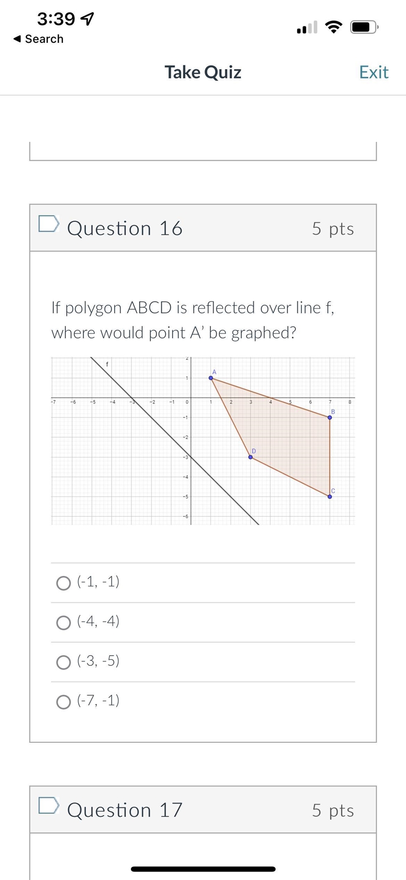 If polygon ABCD is reflected over line f,where would point A' be graphed?-7-6-5-4O-example-1