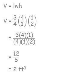 Julian calculates the volume of a rectangular prism with the dimensions 3/4ft by 4 feet-example-1