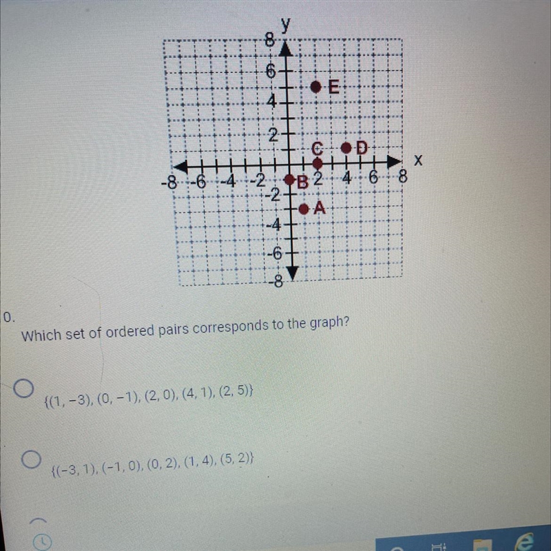10. Which set of ordered pairs corresponds to the graph? O {(1, -3), (0, -1), (2, 0), (4, 1), (2,5)} {(-3, 1), (-1,0), (0, 2), (1, 4), (5, 2)} {(1, -3), (-1,0), (0, 2), (4, 1), (2, 5)} {(1, 3), (0, 1), (2, 0), (4, -1), (2, -5)} O-example-1