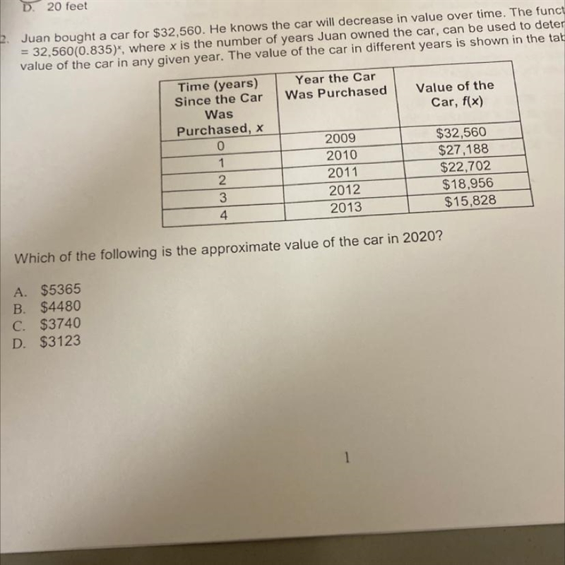 Juan bought a car for $32,560. He knows the car will decrease in value over time. The-example-1